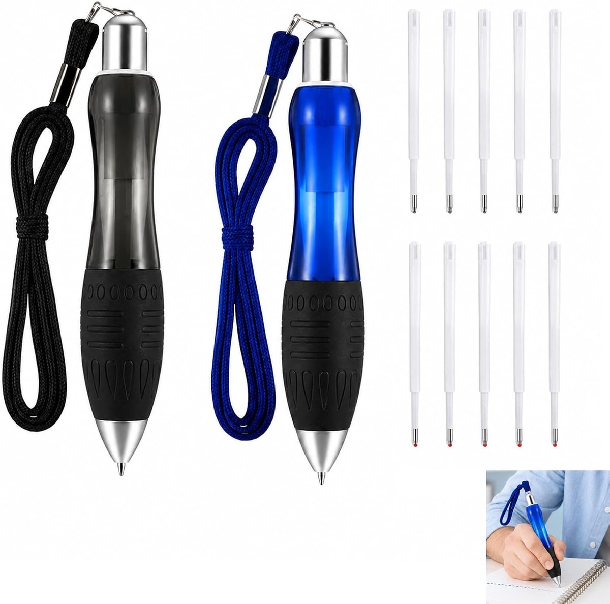 Set van 12 grote pennen, grote pennen, grote grip, zwakke handen, stabiele balpen met 2 pennen (zwart en blauw) + 5 blauwe vullingen + 5 zwarte vullingen, ideaal voor thuis, kantoor, cadeau