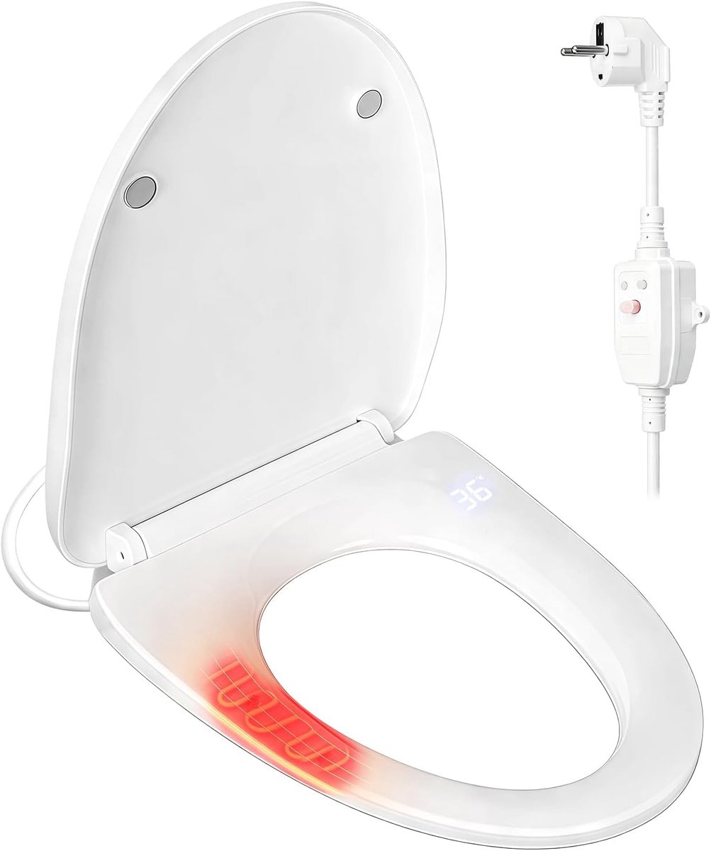Smart toiletbril, elektrische douchewc-bril, wc-bril met softclosemechanisme, toiletdouche, bidet, verwarmde zitting, 3 temperatuurinstellingen, intelligent toiletdeksel met nachtlampje,