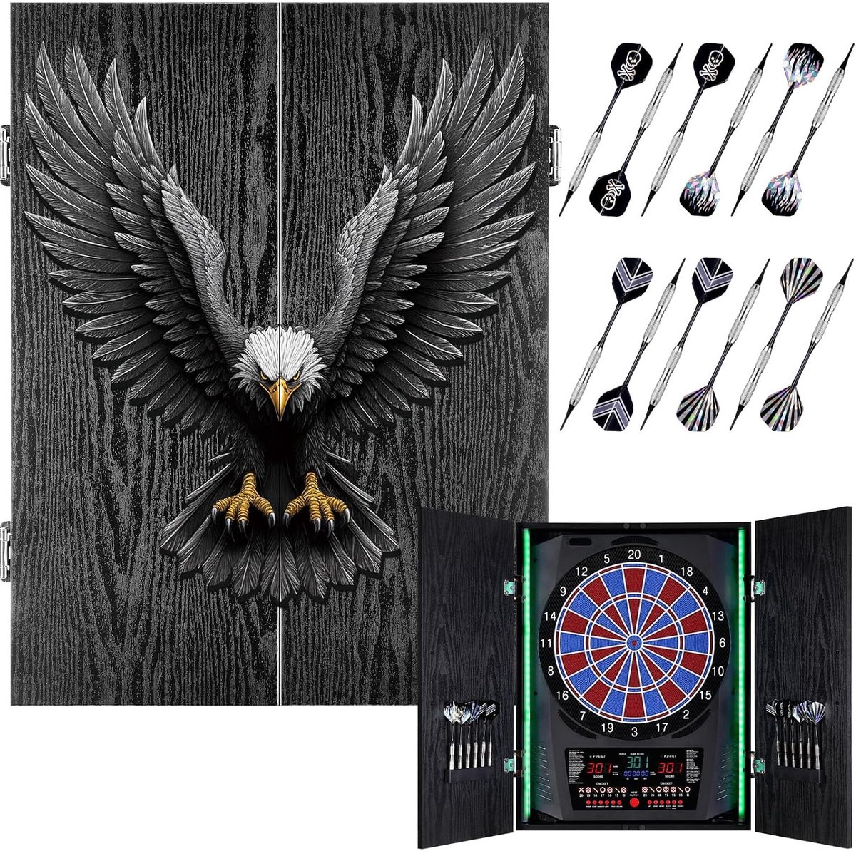 Elektronisch dartbord, decoratief elektronisch dartbord, kast, 6 brons, soft-tip pijlen, eigen lichtkleur voor elke speler, e-dartbord met houten kastdeuren - 92282 Eagle