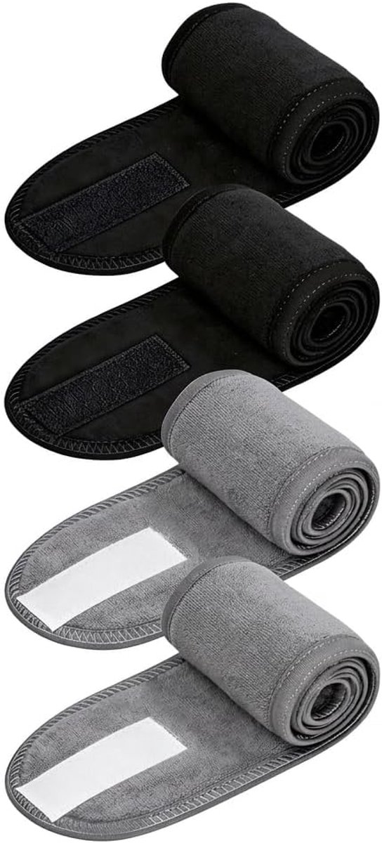 Set van 4 Spa-haarband voor dames, voor gezichtsverzorging, verstelbare cosmetica-hoofdband van badstof, zachte make-up-haarband voor make-up, yoga, 2 x zwart + 2 x grijs, wasbaar en herbruikbaar