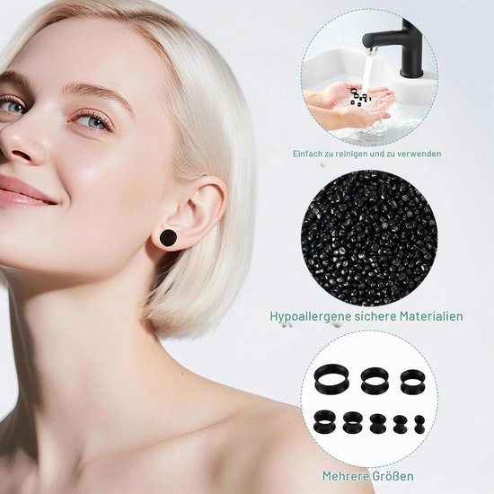 Tunnels, body piercing expander, oorstretcher plug piercing expanderset, 8 specificatiematen, veilig en flexibel tunnel oor voor vrouwen en mannen (zwart) — afbeelding 2