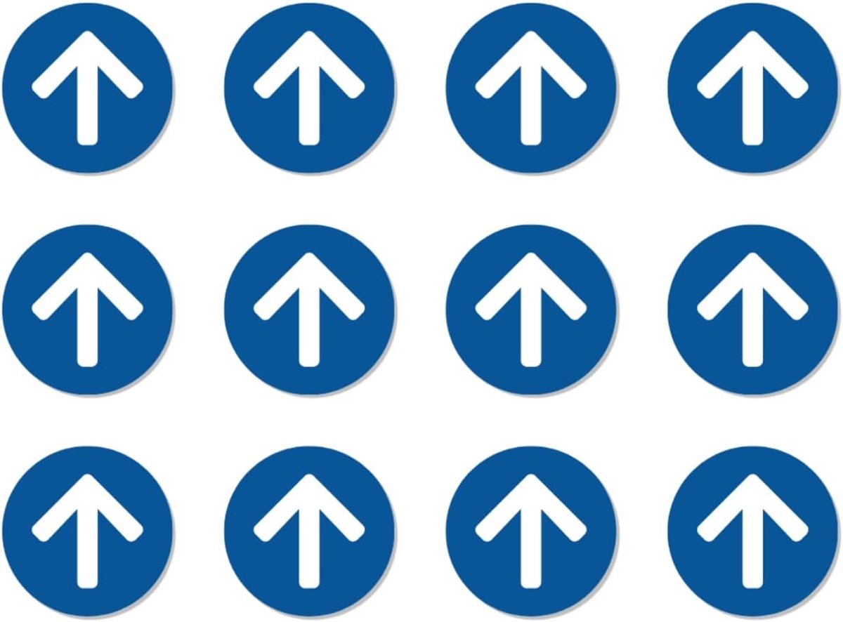 Richtingpijl, Gebodsbord: Boven, Onder, Rechts, Links - volgens DIN EN ISO 7010 / ASR A1.3 - Sticker: 2,5 cm, 12 stuks