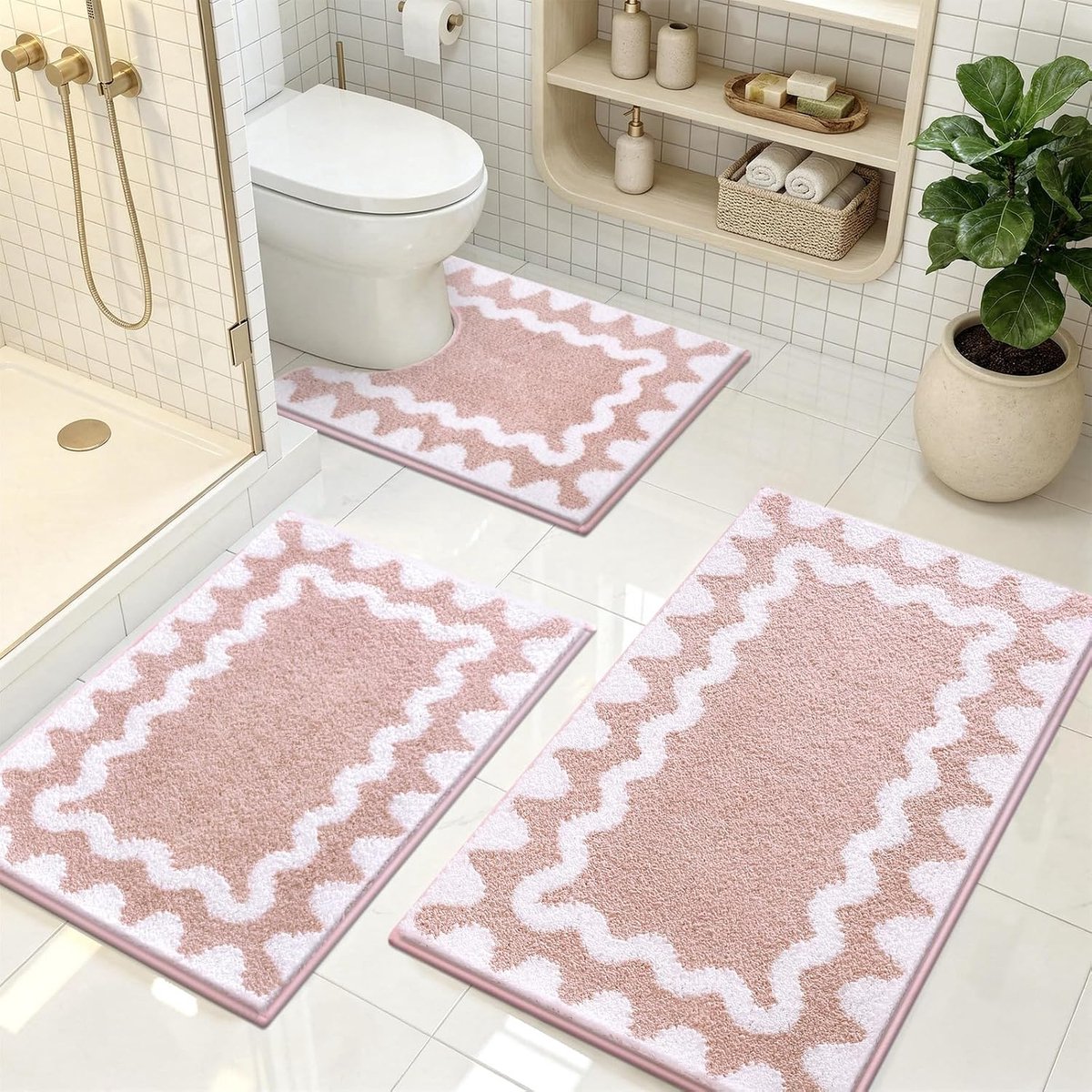 Badmattensets 3-delig, absorberende zachte antislip badmattenset en toiletmat, machinewasbare bad- en voetstukmatsets, roze en wit