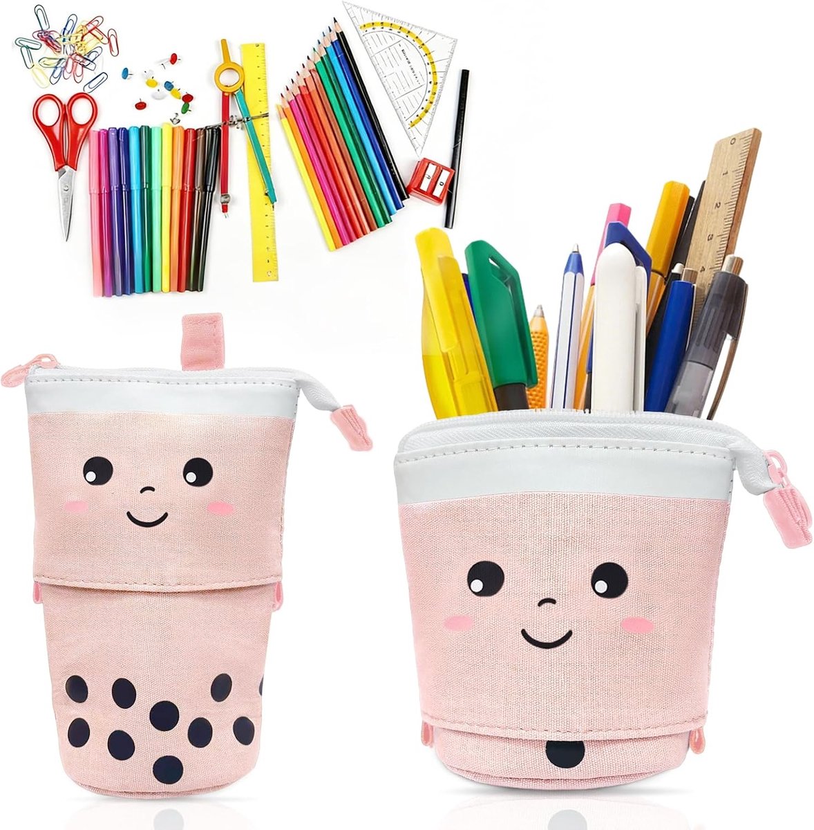 Pennenetui voor meisjes, telescopisch etui, 2-in-1 Kawaii-etui met ritssluiting, grote capaciteit voor school, kantoor en cosmeticaopslag