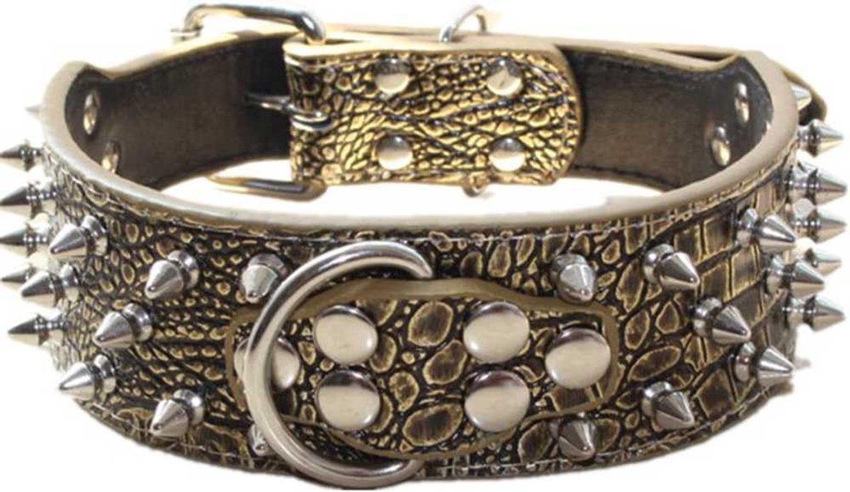 Lederen hond kraag kogel klinknagels studded 2 Inch breedte stijlvolle lederen hond kraag voor middelgrote en grote honden Pitbull ..., M, Goud Bruin