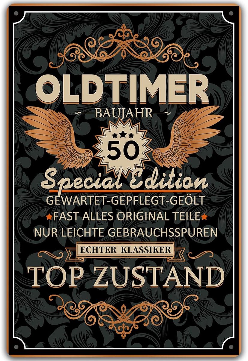 Bord 50e verjaardag, oldtimer bouwjaar 50 topstaat, geschenken voor de 50e verjaardag man, grappig bord 50e verjaardag decoratie als grappige verjaardagskaart, vintage metalen bord 20x30 cm