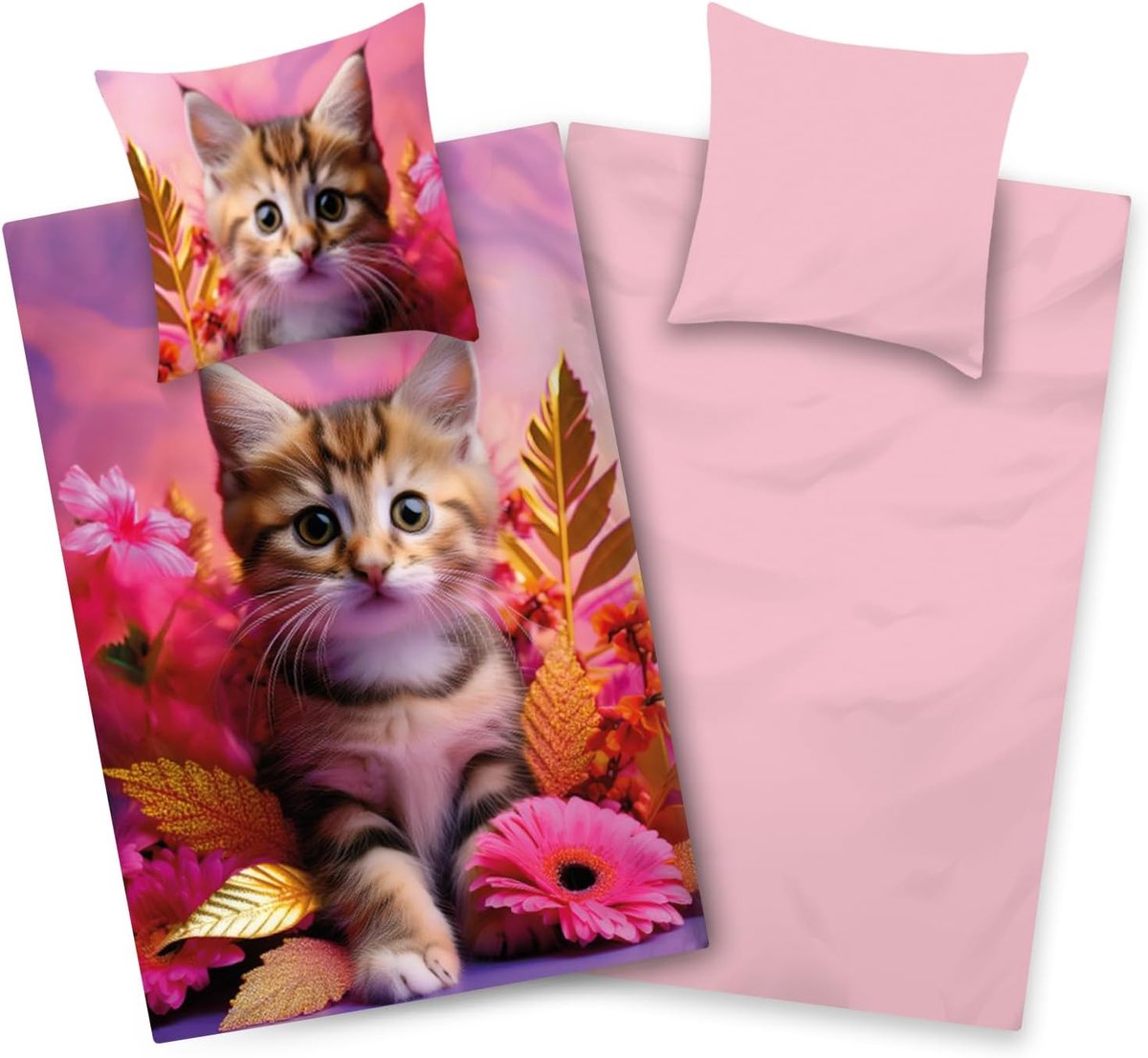 Kids Beddengoed kat 135x200 meisjes | omkeerbare kinderbeddengoedset kattenmotief | 100% katoen | YKK-ritssluiting roze