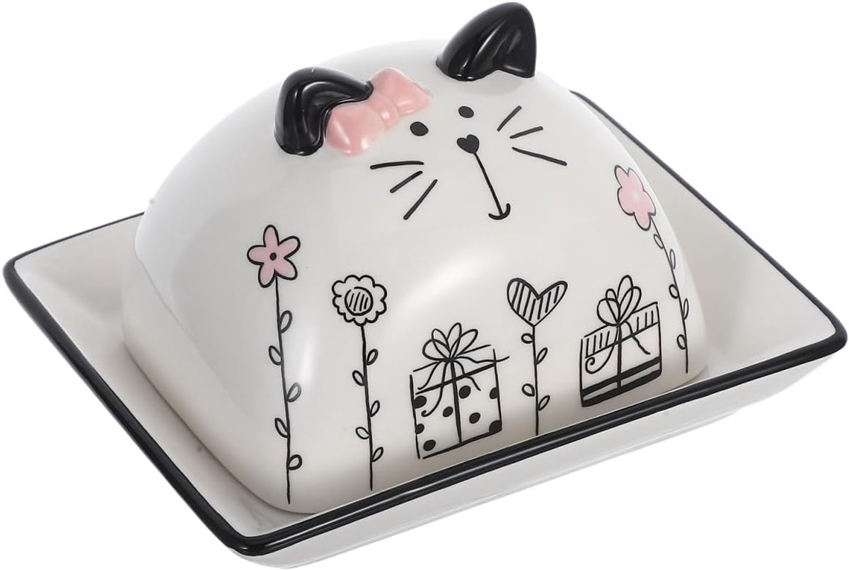 Iplusmile Botervloot met deksel: keramische botervloot met kattenontwerp voor standaard boterstukken, ontbijt botervloot voor keuken en tafel 14,8 × 9,5 × 12 cm