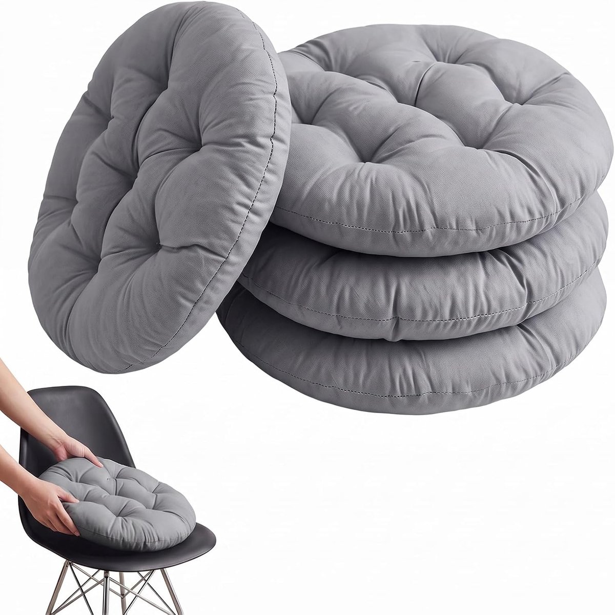 Set van 4 ronde stoelkussens, 40 cm, rond zitkussen, gevuld zitkussen, comfortabel zitkussen, stoelkussen voor binnen, buiten, keuken, tuin, eetkamer, woonkamer, werkkamer (donkergrijs)