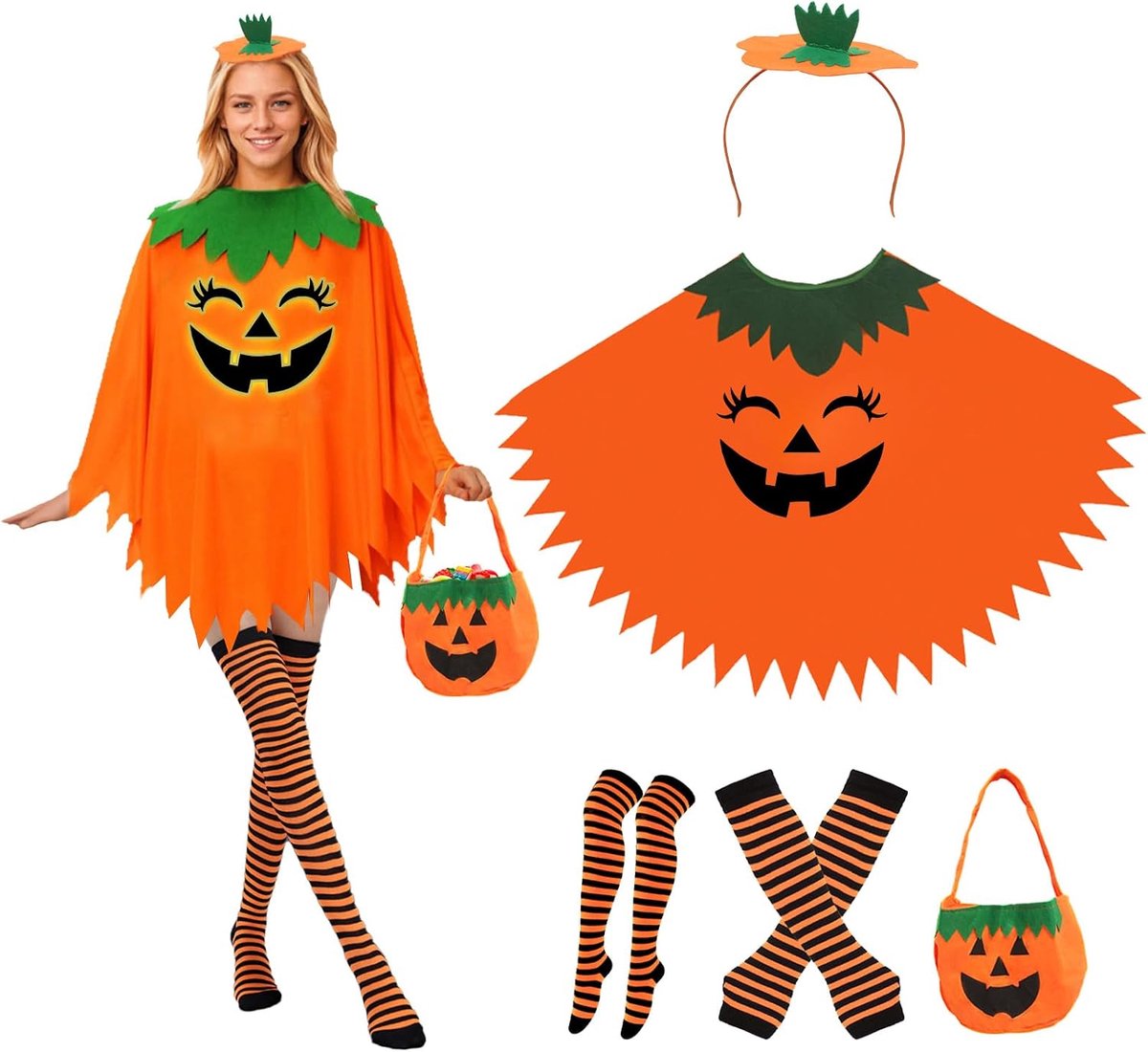 Pompoenkostuum voor vrouwen, pompoenoutfit met hoed traktatie of tructas gestreepte kousen handschoenen grappige cosplay outfit oranje kostuums voor volwassenen kinderen Halloween