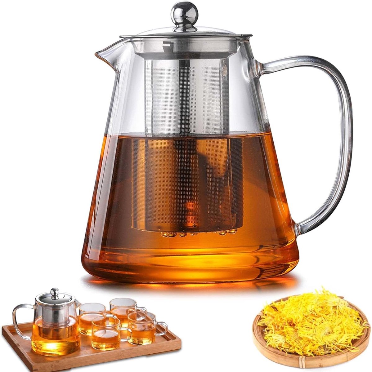 Theepot met zeef en deksel, 1300 ml, theepot van borosilicaatglas, theepot met afneembare zeefinzetstuk, robuuste hittebestendig, voor losse thee, vruchtenthee, geurende thee