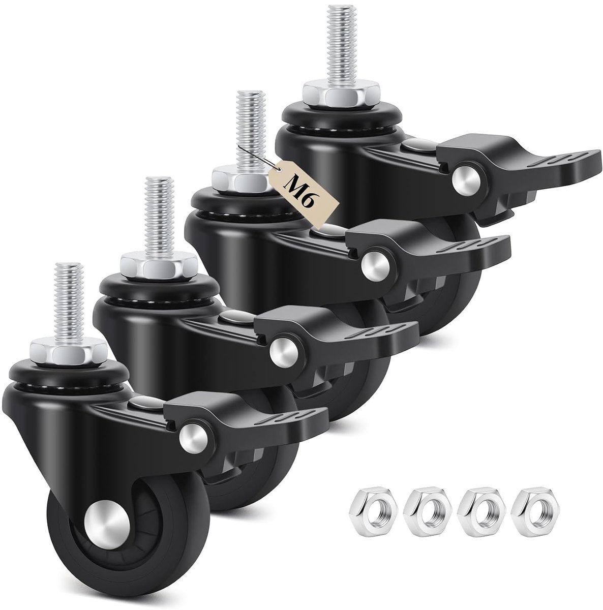 Zwenkwielen met rem, M6 x 1,0 x 15 mm (schachtdiameter 5,5 mm, schachtlengte 15 mm), TPR, kleine meubelwielen, zwart, 75 kg draagvermogen, stil stabiel, transportwielen voor wasdroger