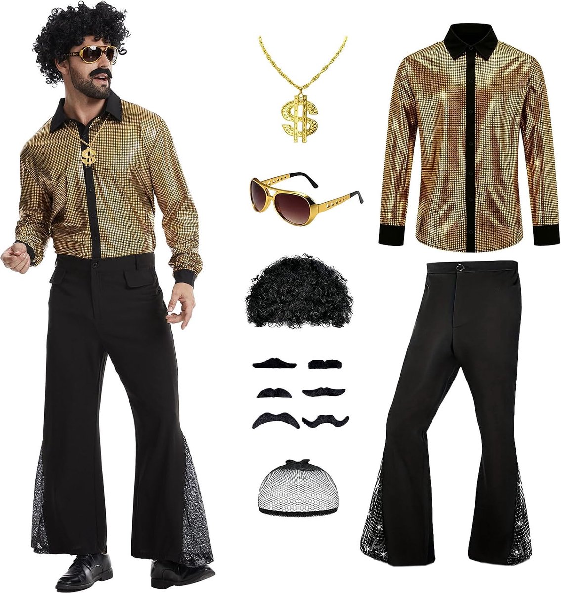 '70 discokostuum voor heren, jaren 80, hippiekostuum met paillettenhemd, slagbroek en discoaccessoires voor carnaval, Halloween