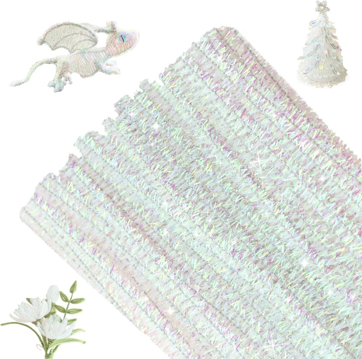 100 stuks witte glitter-chenille-borstels, decoratieve pijpenstelen, pijpenreinigers voor kunsthandwerk, kerstdecoratie, doe-het-zelf