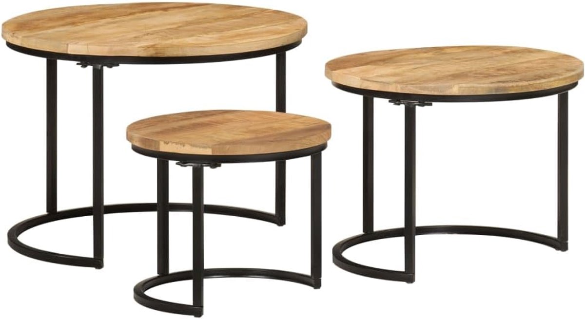 3 stuks massief houten mangobijzettafels van mangohout, set van 3 tafels met natuurlijk oppervlak, voor woonkamer en hal