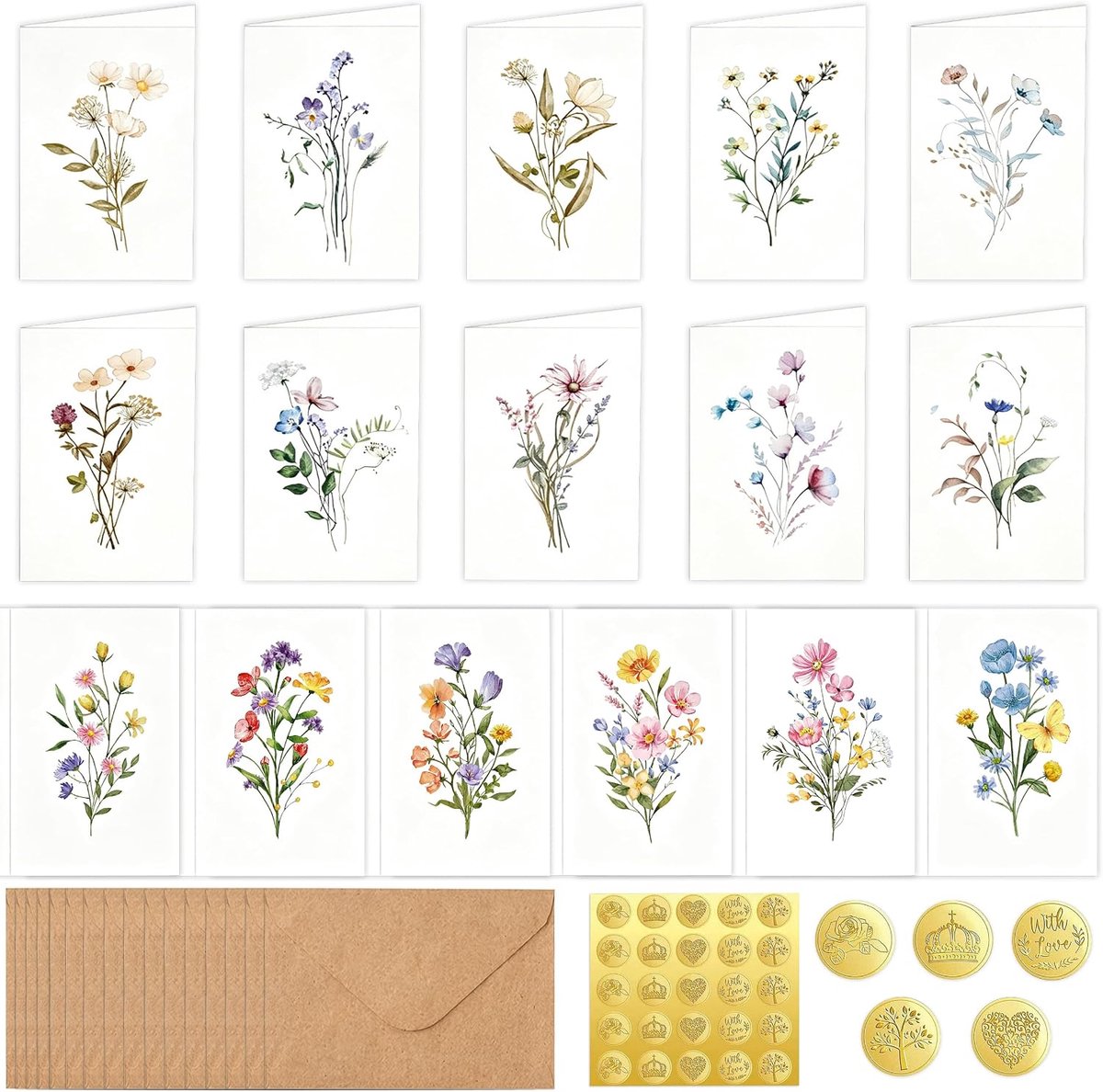 Wenskaarten, Florale Blanco Wenskaarten en Enveloppen, Verjaardagskaarten Set van Mat Karton voor Verjaardagen Moederdag Leraren Collega's en Bedankjes
