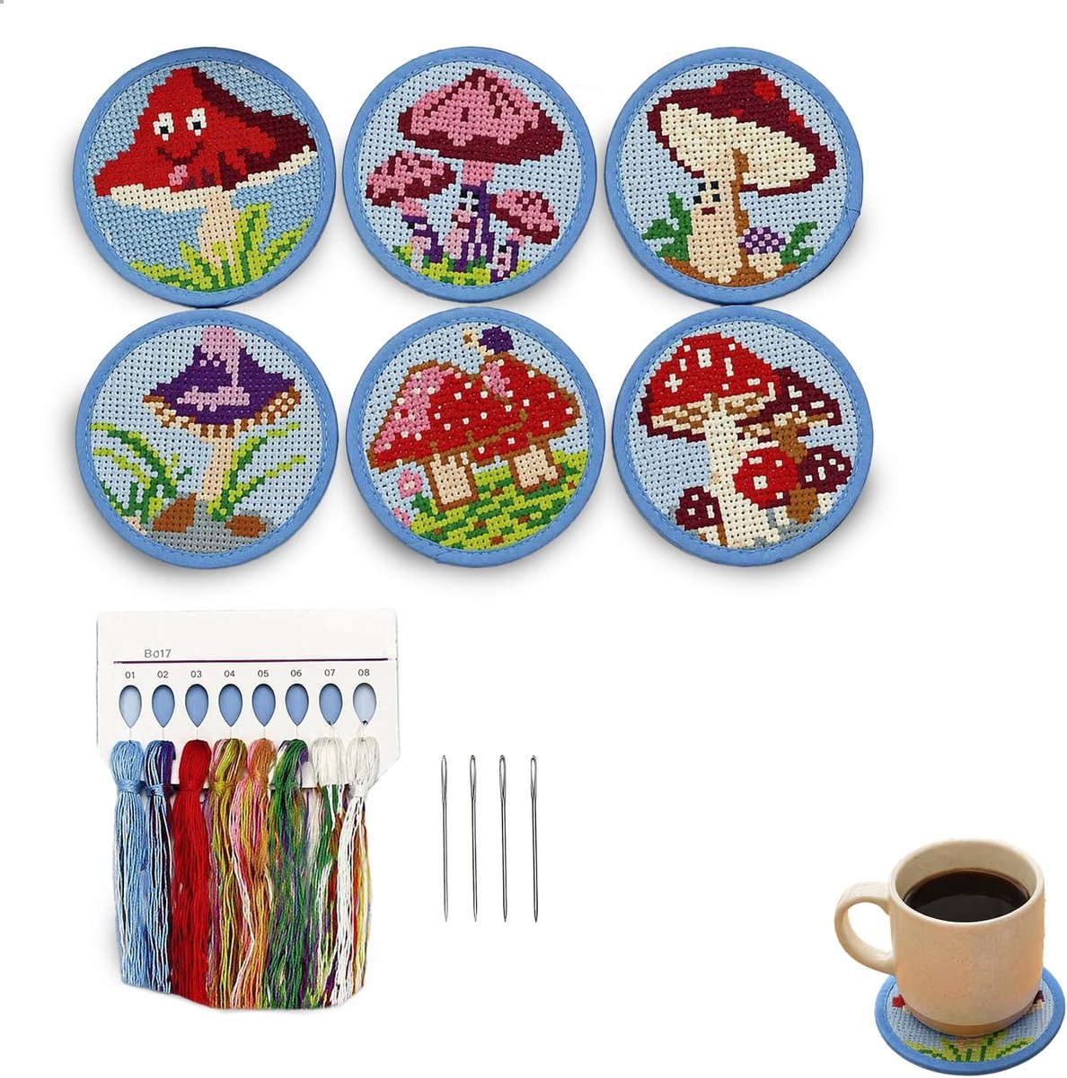 Knutselset voor volwassenen, kruissteek, borduurset voor beginners, set met 6 onderzetters om te borduren, motief: paddenstoelen, compleet materiaal (garen en 4 naalden) voor volwassenen en beginners