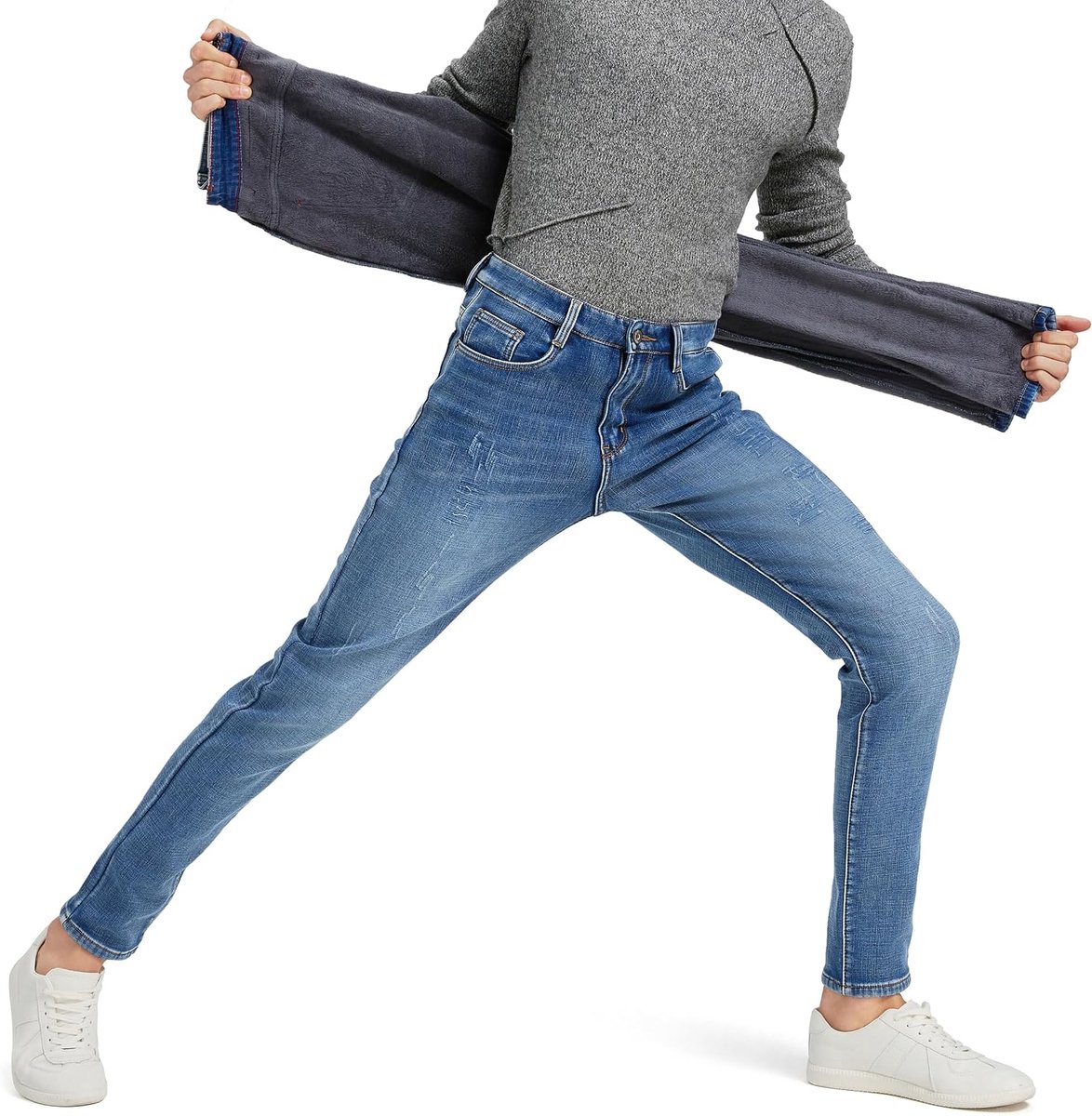 Jeans voor heren, thermische jeans met fleece, warm, stijlvol, geribbeld, patched denim, comfortabel, taps toelopend, slim fit, streetwear