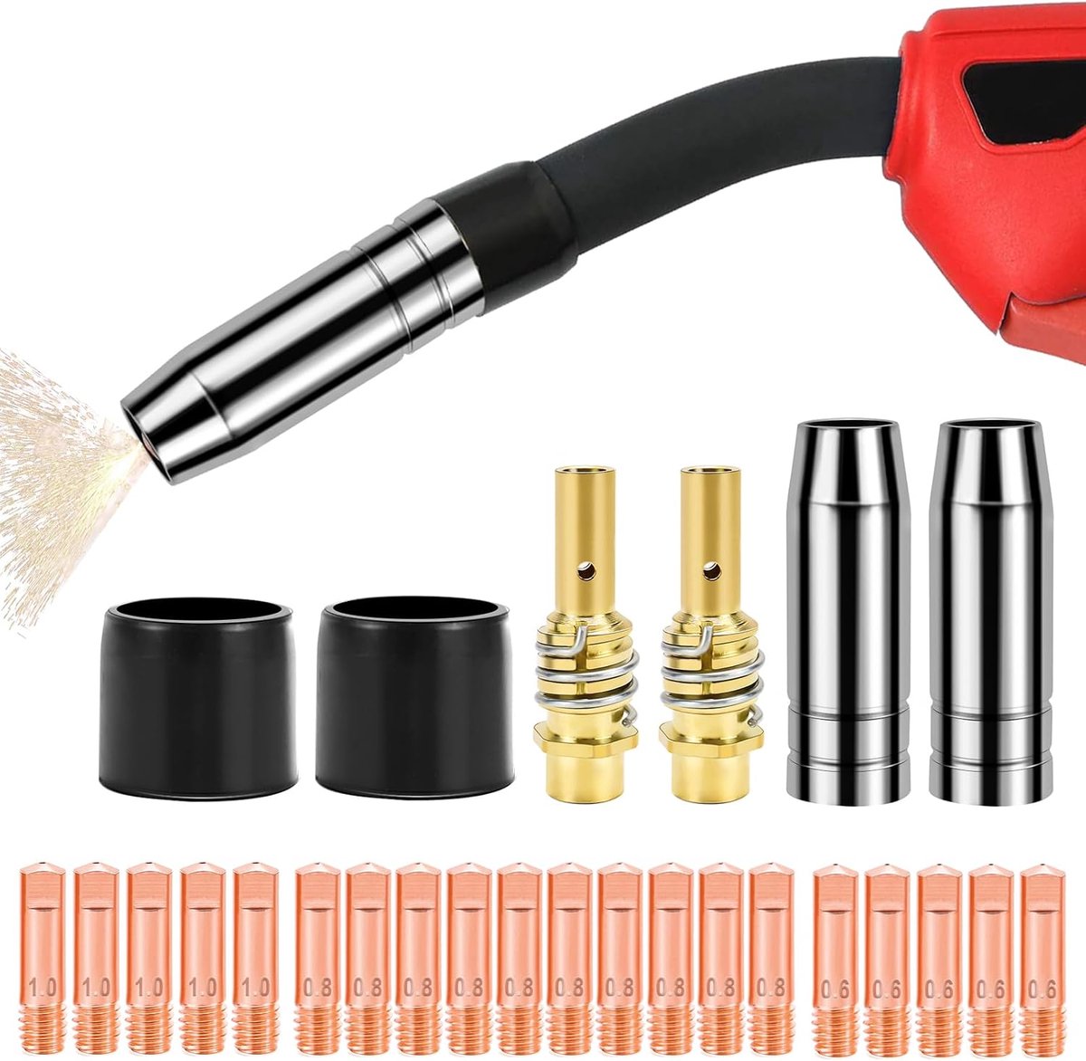 Slijtageonderdelen, set geschikt voor MB-15AK MIG MAG beschermingsgaslasapparaat, accessoires, 26 stuks, 2 x gasmondstukken, 20 x powersproeiers 0,6 mm, 0,8 mm, 1 mm, 2 x mondstuk, 2 x
