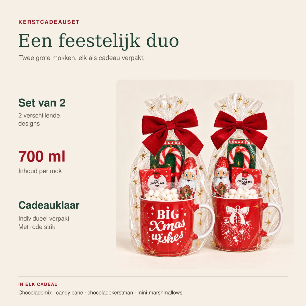 EasyMart Kerstmokken Cadeauset – Kerstpakket – 2 x 700 ml – Kerstcadeau met Chocolademelk, Marshmallows, Chocolade en Candy Canes – foto 2