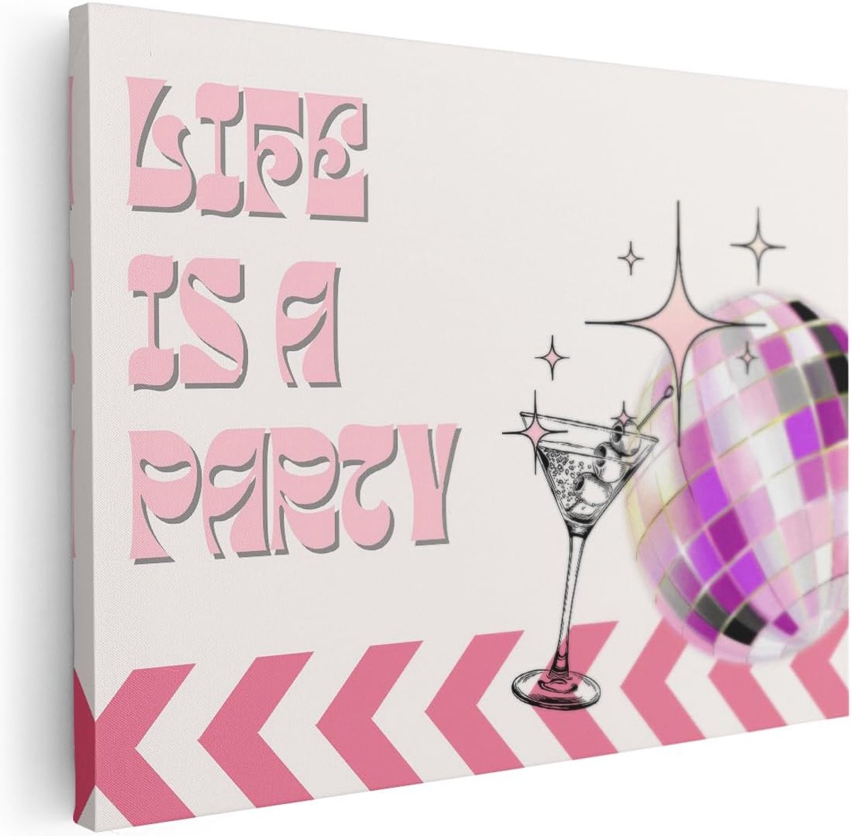 Canvas Schilderij Life Is A Party - 80x60 cm - Wanddecoratie Disco Cocktail - Muurdecoratie Retro Tekst - Roze Schilderijen