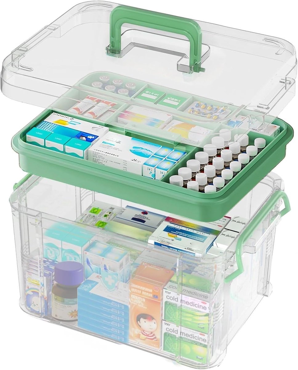 Huisapotheek met 2 compartimenten, medicijnenopslag, medicijnenorganizer voor geneesmiddelen voor thuis en buiten (31 x 23 x 18,5 cm)