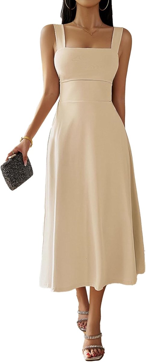 Xxxiticat Elegante midi-jurk voor dames, casual, mouwloos, vierkante hals, A-lijn, cocktailjurk