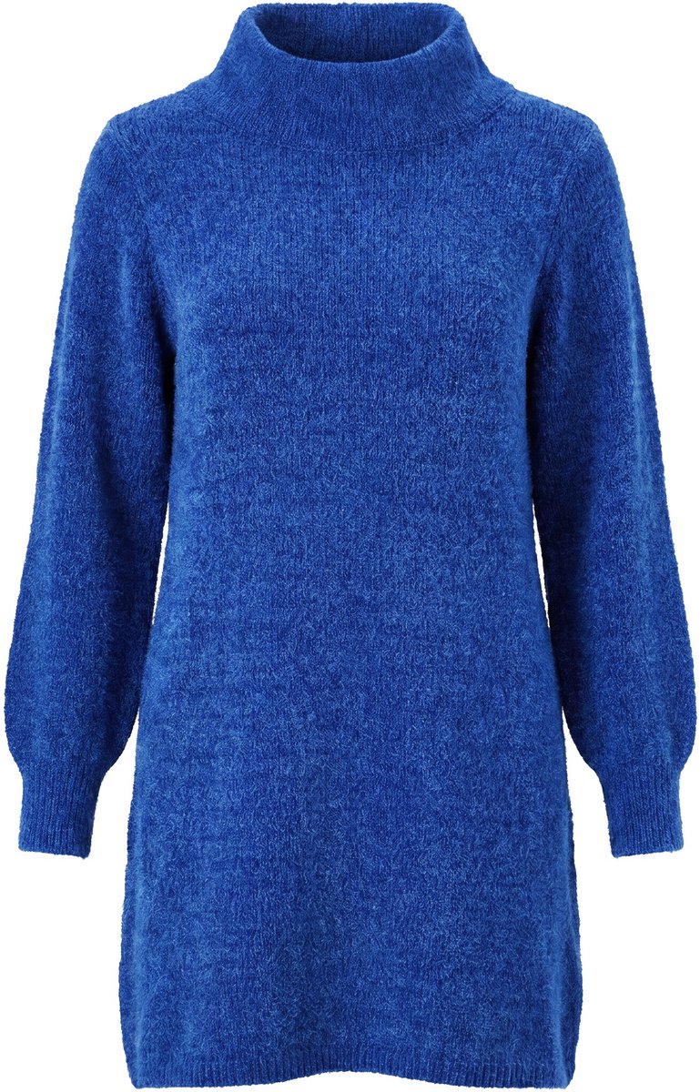Ulla Popken - Dames - Gebreide jurk chenille A-lijn col lange mouwen - Pauwenblauw - Maat 42+