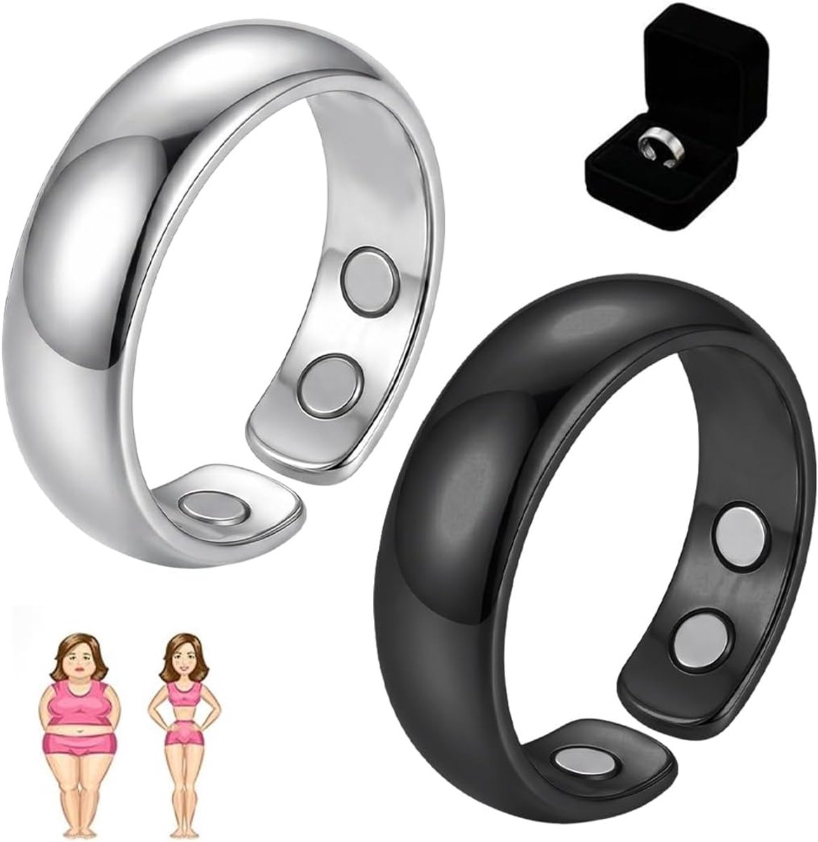 2 stuks Anti-stress ring voor dames – Verstelbaar – Unisex – Zwart, zilver – Geschikt voor dagelijks gebruik & werk