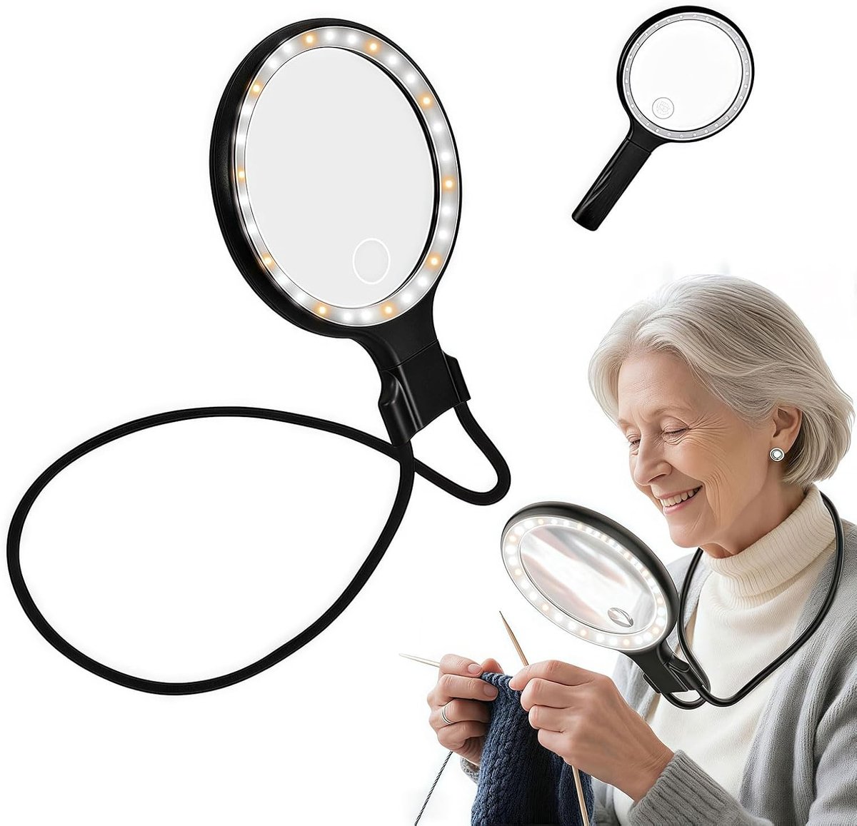 Handfree leesloep met verlichting, 12x vergroting, ideaal voor ouderen, groot leescomfort, 3 lichtstanden voor optimaal zicht