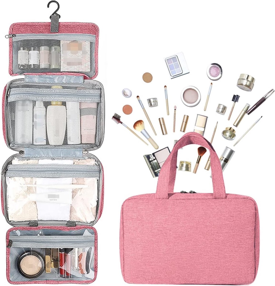 Toilettas, hangende reis-cosmeticatas, opvouwbare toilettas, wastas, waterdicht, draagbare make-uptas voor op reis, roze, 1 stuks