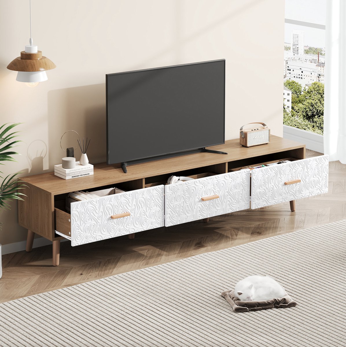 MEUNIQ TV-meubel 150 x 35 x 39 cm met 3 lades, wit en houtkleur, retro lowboard voor televisie en media-apparatuur in woonkamer
