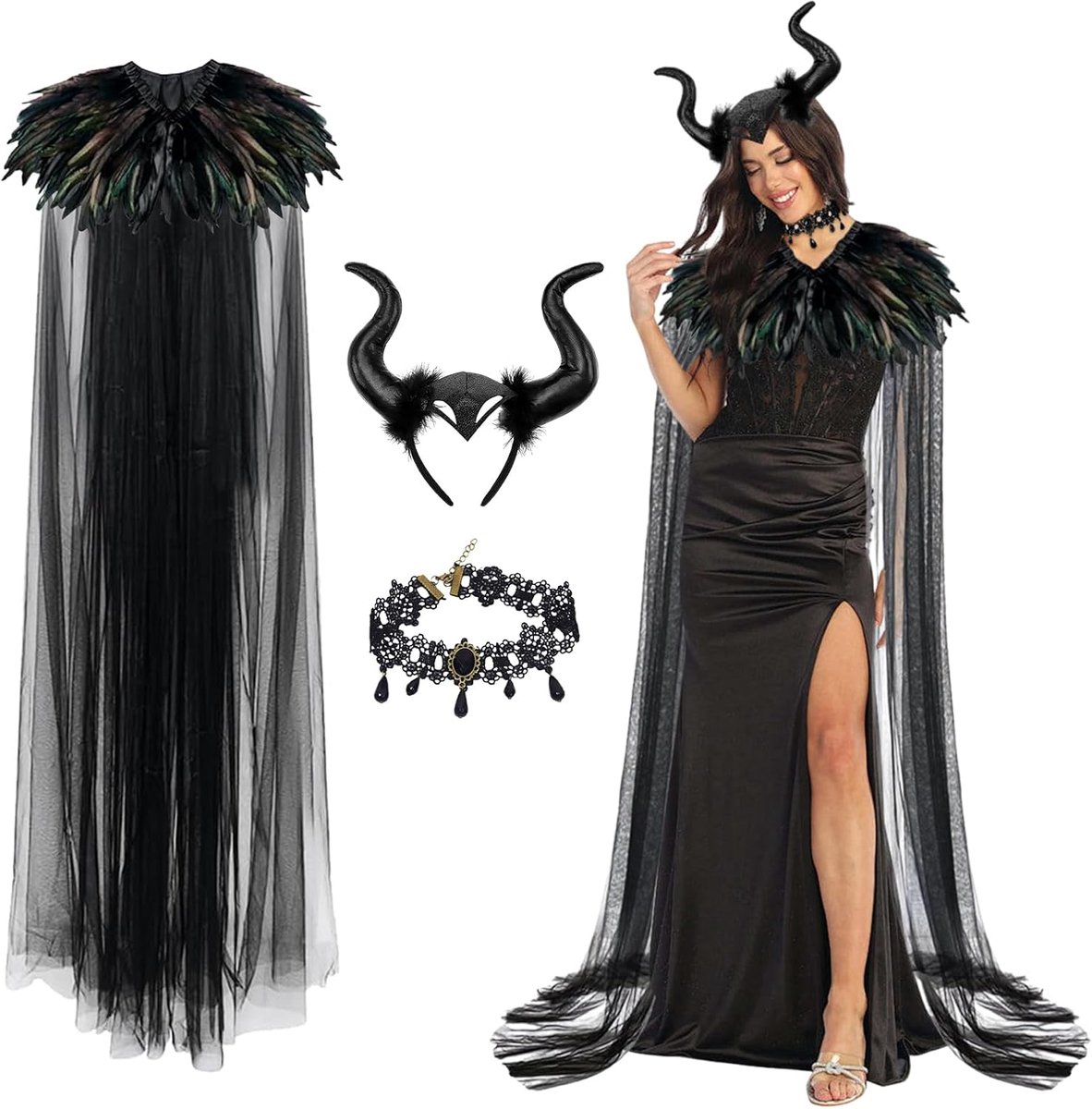 Kostuum voor dames, Halloween-kostuum voor dames, malafiënt, zwarte tule cape, lang met veerkraag, boze koninginnenhoorns, gothic veer-cape, carnavalskostuum, Halloween, cosplay, feest