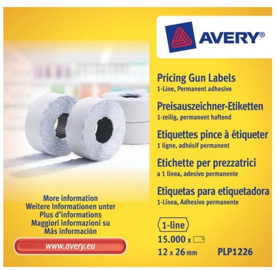 Étiquettes de prix Avery, blanc, 1 ligne permanent, 15.000 pièces, 12x26mm.