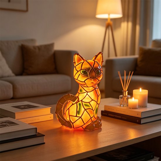 Tafellamp met kat - Artistiek nachtlampje - Lichtgevende kat - Bureaudecoratie - Creatieve woondecoratie - Slaapkamerdecoratie - Spookkat ornament - Dierensculptuur - 11*8*16cm — afbeelding 3