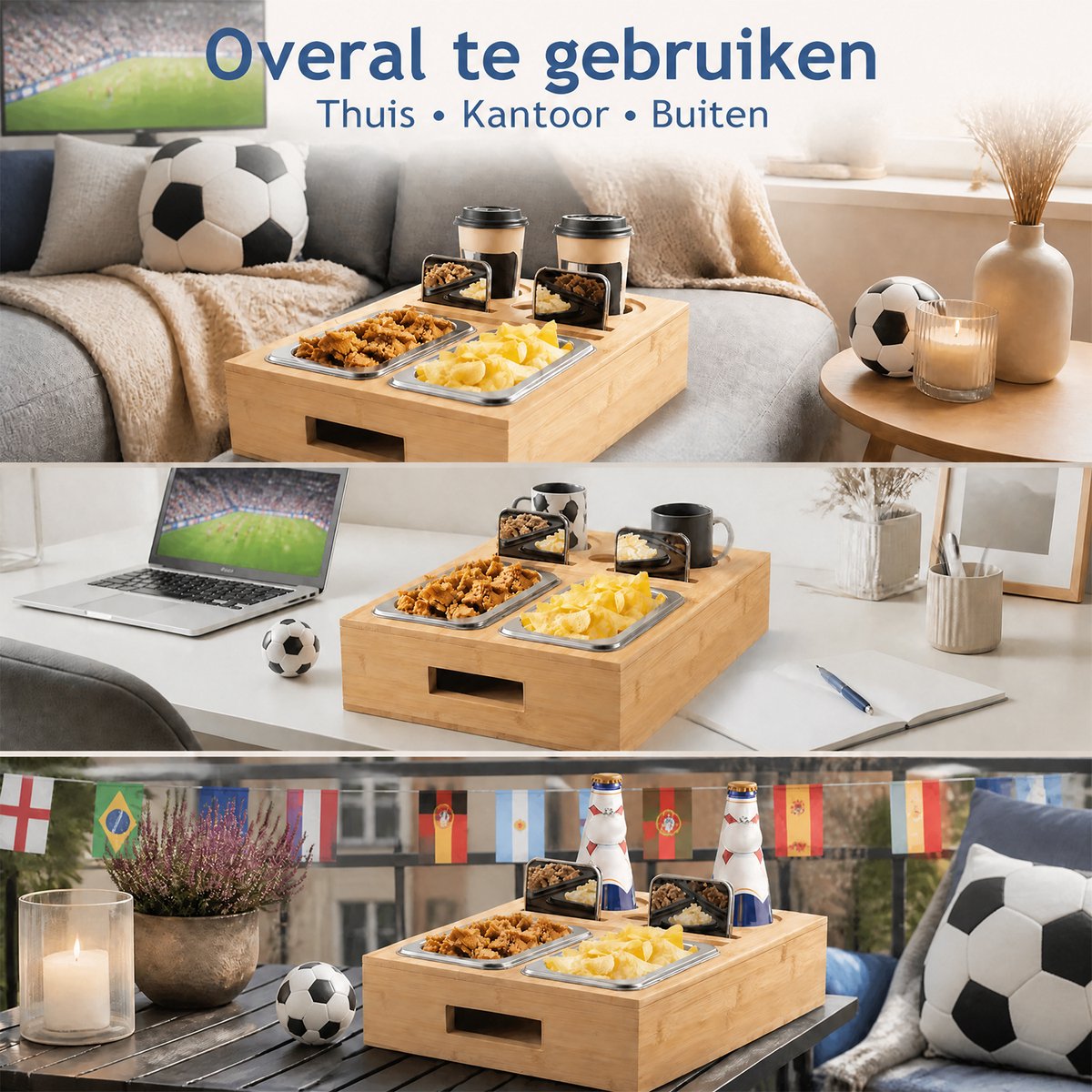 Houten Tafel Organizer - Snack- en Drankhouder met 2 Bakjes en 2 Flessenhouders - Houten Opbergbak voor Snacks, Glazen en Flessen - Tafeltray met Onderzetters en Telefoonhouder - Dienblad van Bamboe — cadeau in Koken & Dineren - foto 2