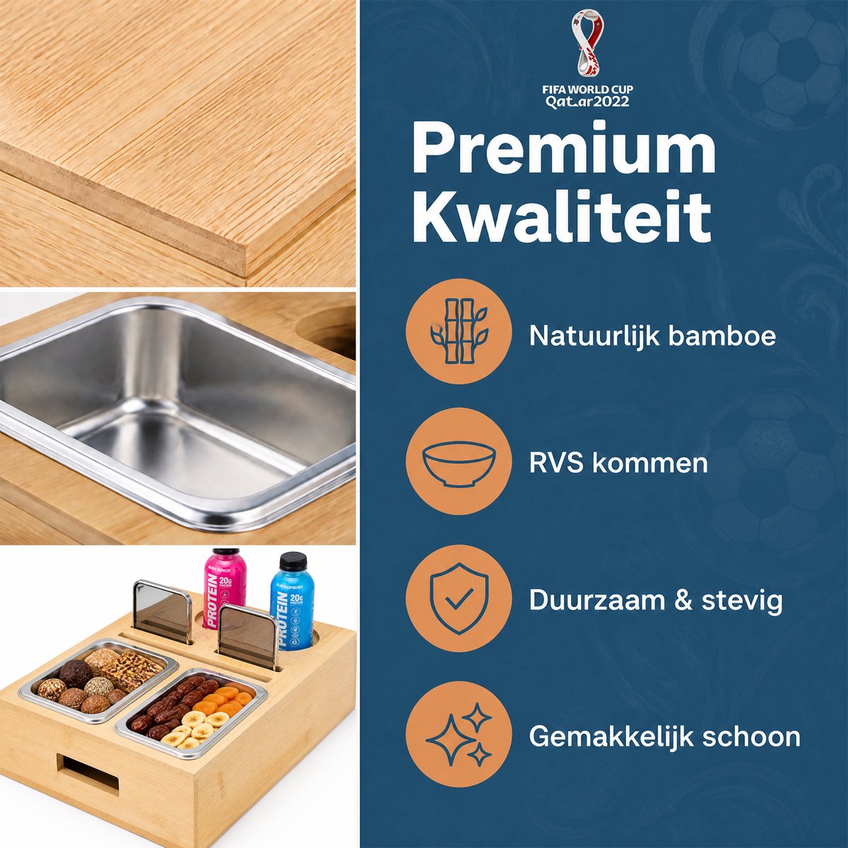 Houten Tafel Organizer - Snack- en Drankhouder met 2 Bakjes en 2 Flessenhouders - Houten Opbergbak voor Snacks, Glazen en Flessen - Tafeltray met Onderzetters en Telefoonhouder - Dienblad van Bamboe — cadeau in Koken & Dineren - foto 5