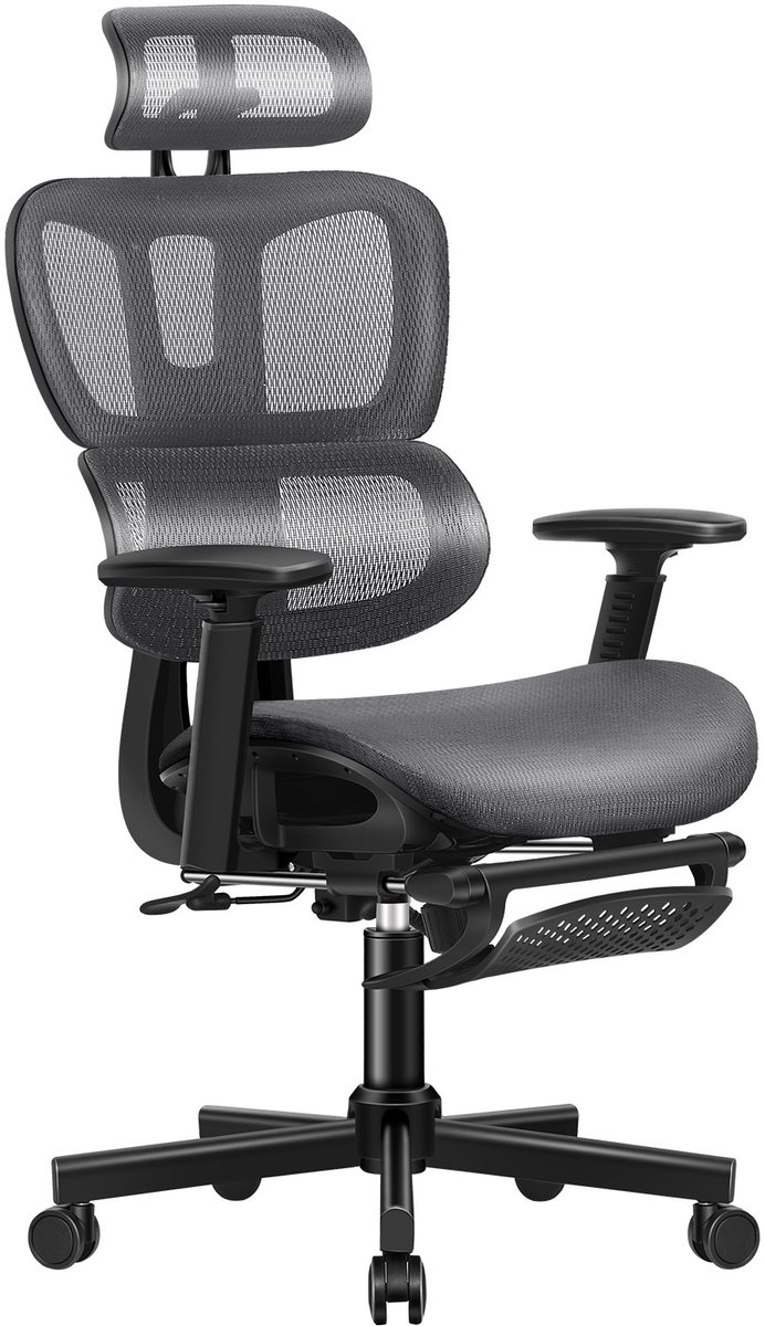ALFORDSON Draaibare ergonomische mesh-stoel met 3D-armleuningen, directiestoel met verstelbare hoofdsteun en voetsteun