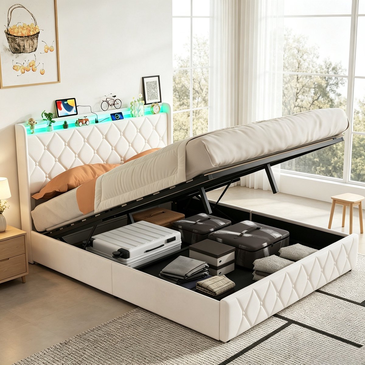 ROSAHQNDA Volwassen bed 140x200 cm, tweepersoonsbed met hydraulische opbergruimte, fluwelen hoofdbord met opbergvakken, gewatteerd beige, zonder matras