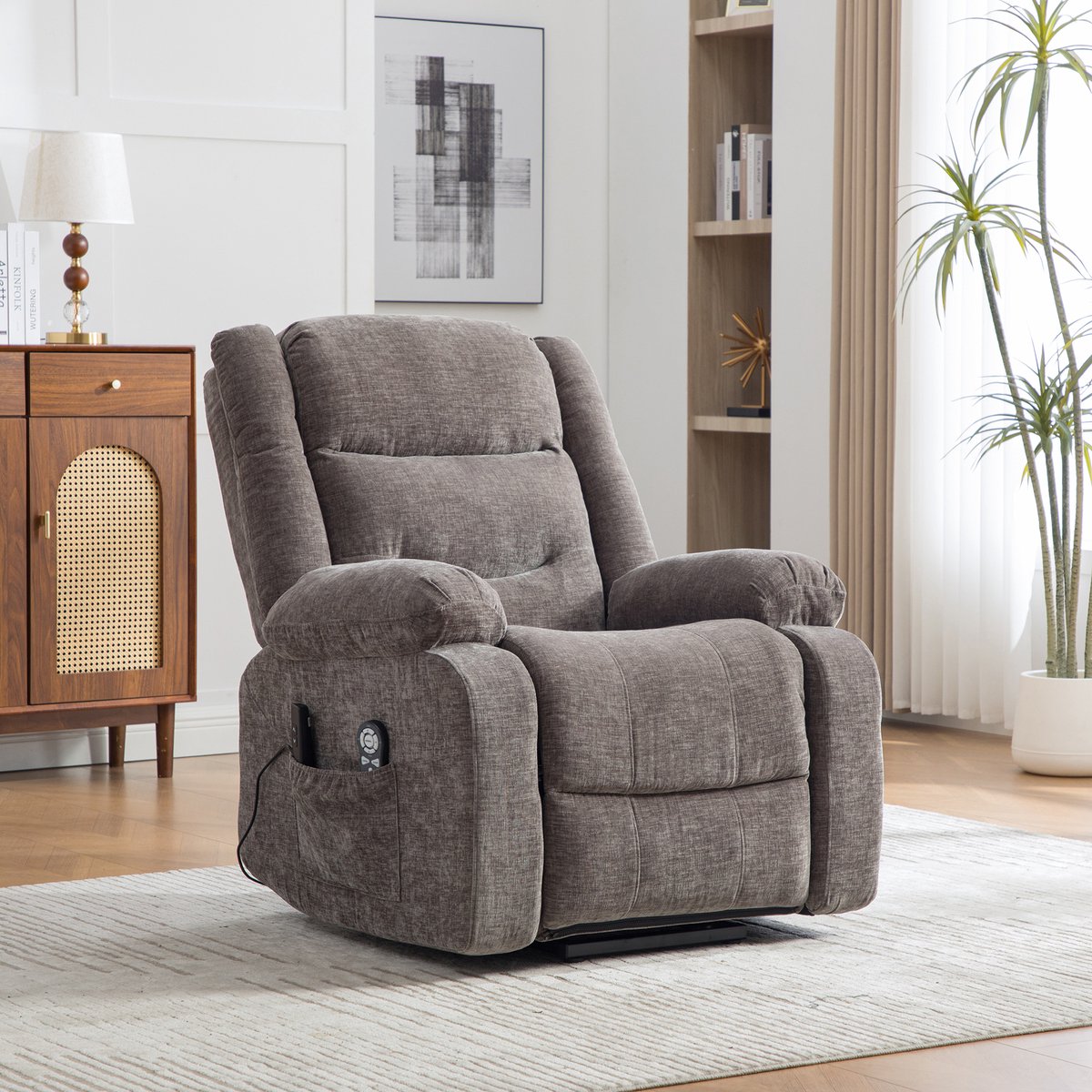 MEUNIQ Elektrische relaxfauteuil met sta-opfunctie, massage- en warmtefunctie, verstelbare rugleuning en voetensteun, afstandsbediening en zijvakken, grijs