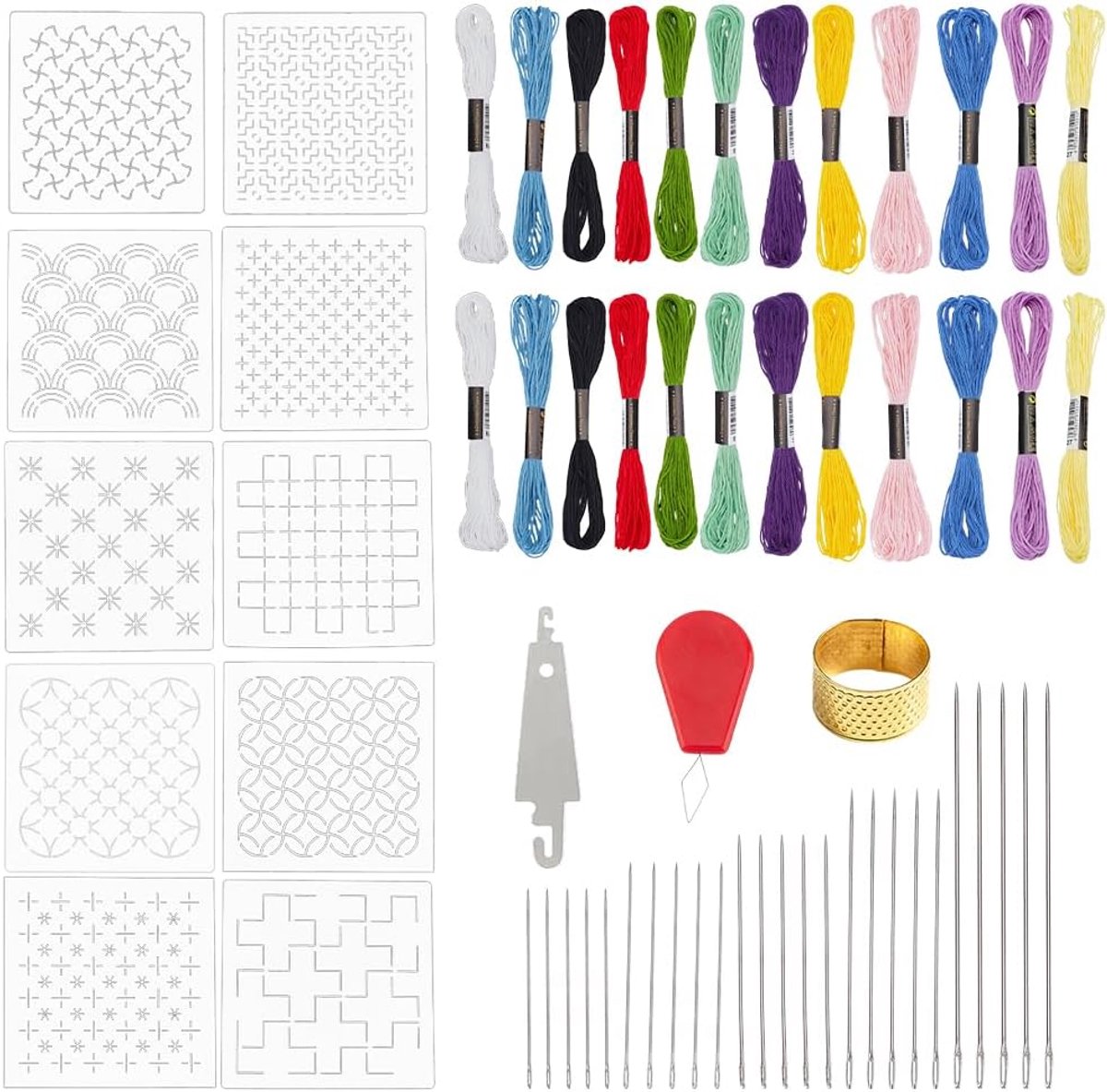 Complete Sashiko Kit, inclusief 10 Sashiko PET-sjablonen (5,5 x 5,5 inch), 24 stuks draad, 25 grote oognaalden, vingerhoedendraadtang voor handstiksels, quilten, herstellen
