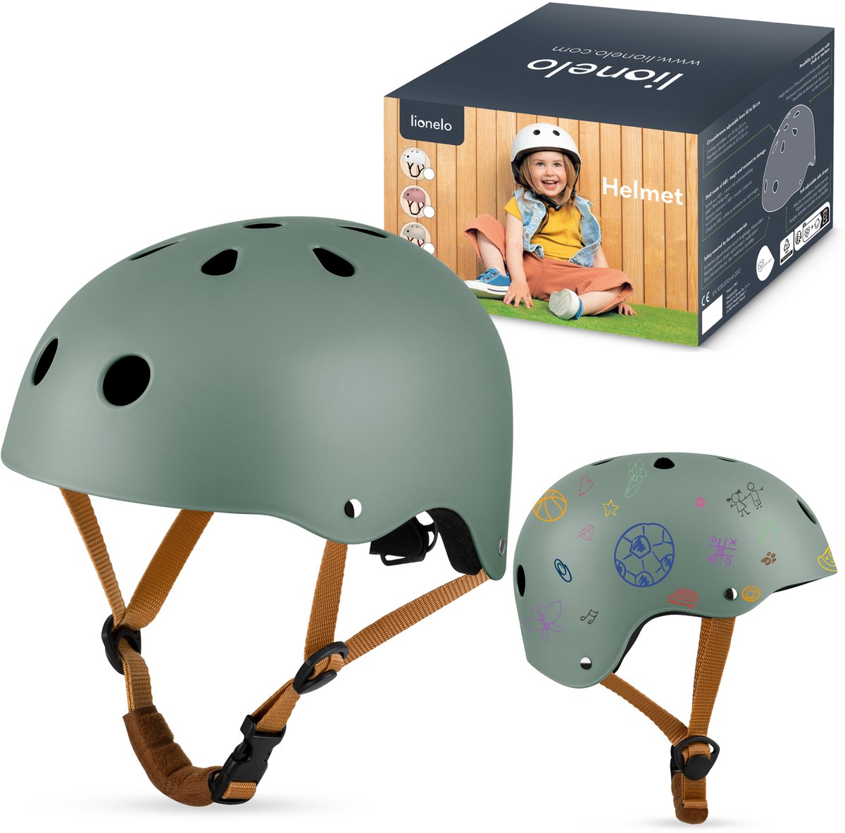 Lionelo Helmet Fietshelm voor kinderen - Maat 50-56cm - 20x23cm - S - Intertek Certificering - ABS & EPS Materialen - Verstelbare Pasvorm - 11 Ventilatieopeningen - Extra Kinbeschermer - Personaliseerbaar met Krijt en Stiften - EN1078 Gecertificeerd