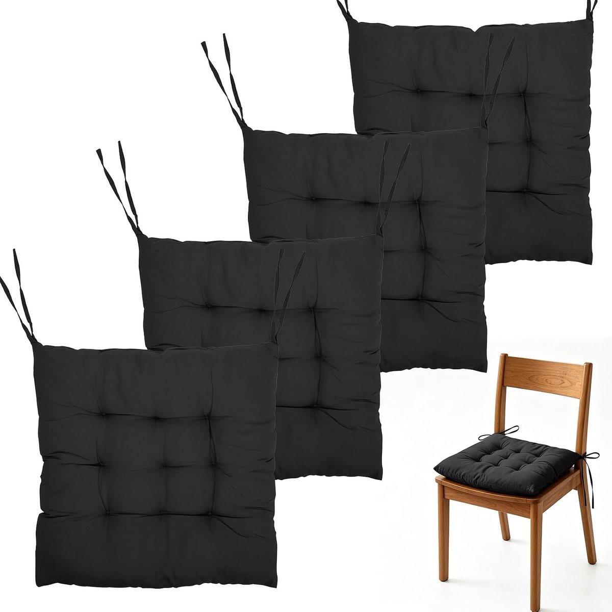 4 stuks zitkussens met linten, 40 x 40 cm stoelkussens, kussens voor tuinstoelen, stoelkussen voor binnen en buiten, zitkussen voor eetkamer, woonkamer (zwart)