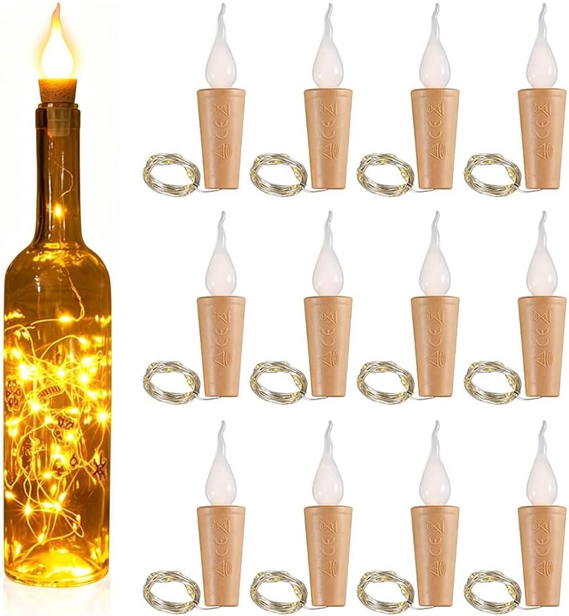 18 stuks flessenlichtketting kurk met vlamvorm, 20 m leds | Lichtsnoer voor flessen, lichtketting met flessenkurk met batterij, led-flessenlicht voor feest, bruiloft, kerstdecoratie
