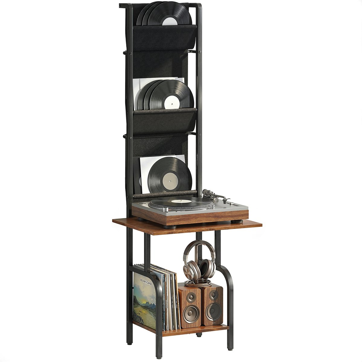 Industriële cd-standaard-cd-opbergrek-dvd-standaard met 3 stoffen vakken en tafelblad-rustieke houtlook in bruin.