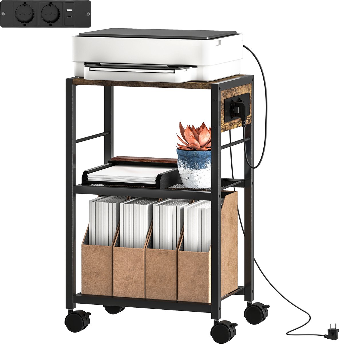 Printerstandaard/printerplank met wielen-stopcontacten-USB- en USB-C-poorten-tot 40 kg-rustiek bruin