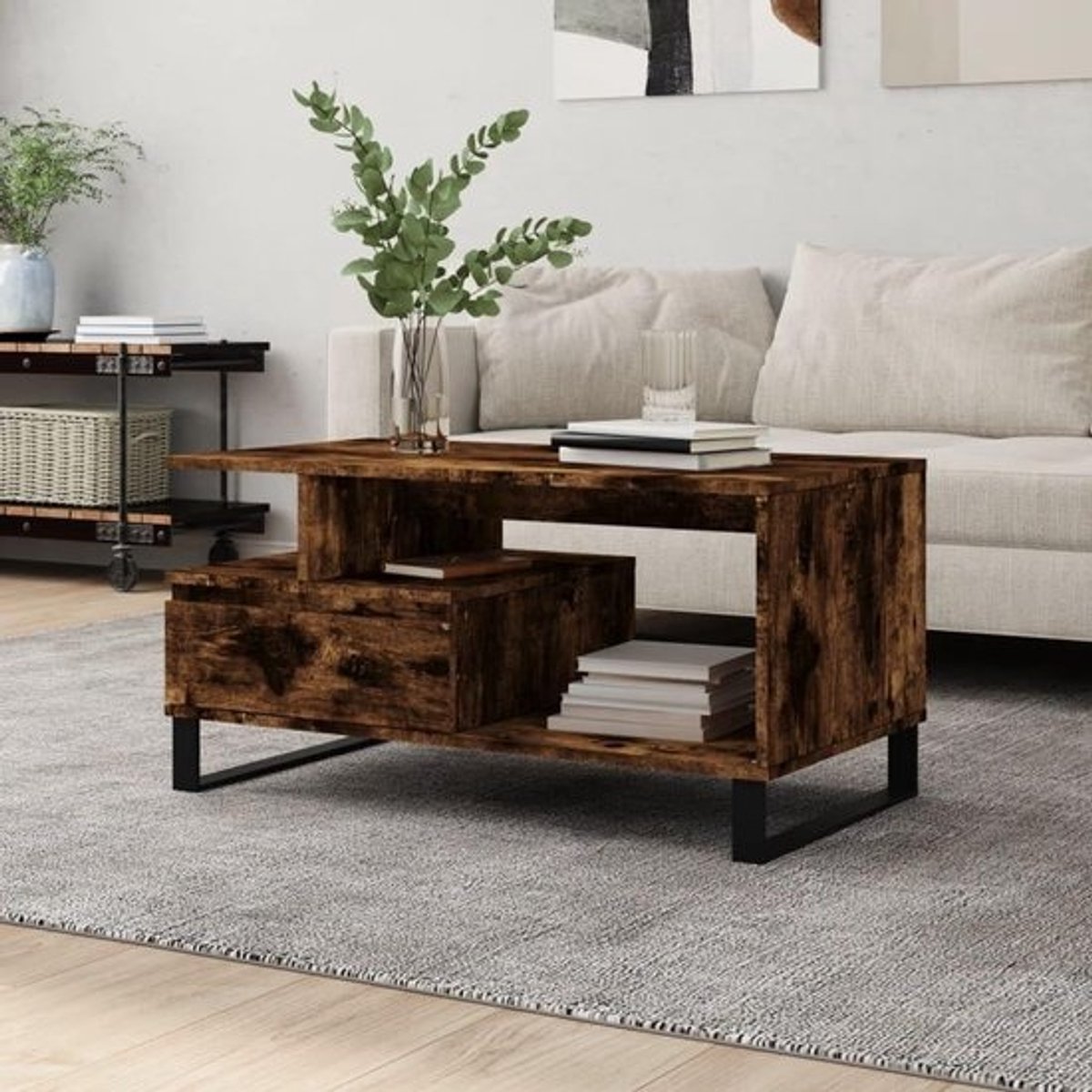 Salontafel Hout - Bijzettafel Modern - Woonkamer Opbergen - Met Lade - 90 x 49 x 45 cm - Rookeiken