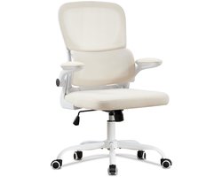 UEV Mesh Chair with Lumbar Support and Backrest, Ergonomic Office Chair with Multi-Regulation, Space-Saving Desk Chairs with Folding Armrests, 65 x 58 x 100-110 cm, Beige