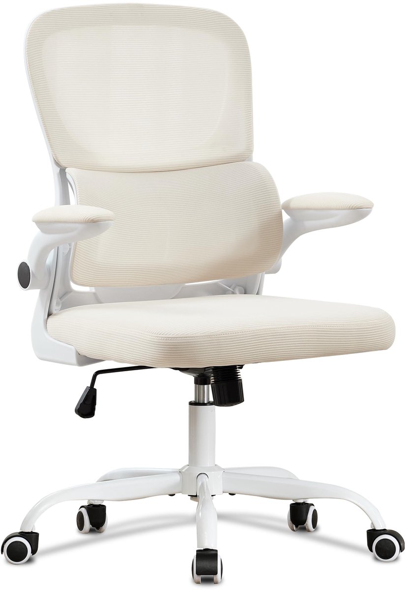 UEV Mesh Chair with Lumbar Support and Backrest, Ergonomic Office Chair with Multi-Regulation, Space-Saving Desk Chairs with Folding Armrests, 65 x 58 x 100-110 cm, Beige