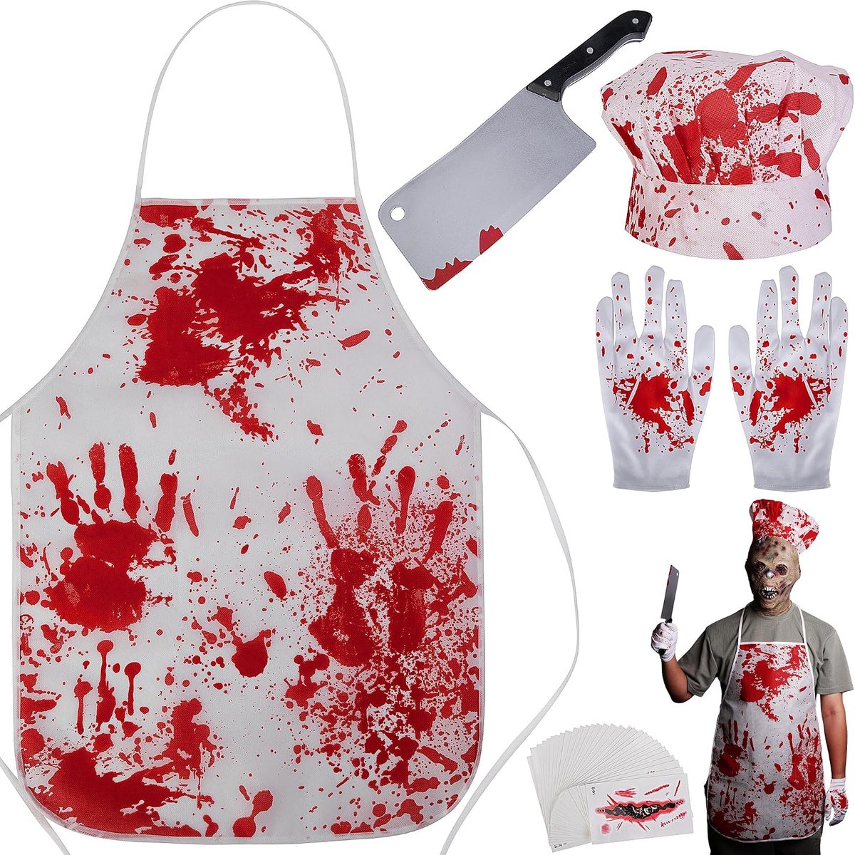 slager - Halloweenkostuum slager - slagerschort Halloween hackbijl-slachtkostuum, bloedig schort voor heren, volwassenen en tieners